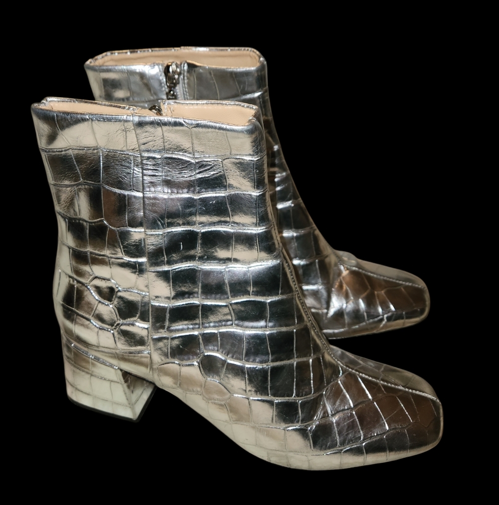 SCHUTZ Metallic Silver Croc-Print Boots 8 5M